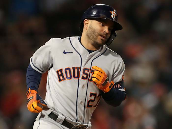 Houston Astros second baseman Jose Altuve (27) runs the bases after hitting a solo home run against the Boston Red Sox during the eighth inning of game four of the 2021 ALCS at Fenway Park.